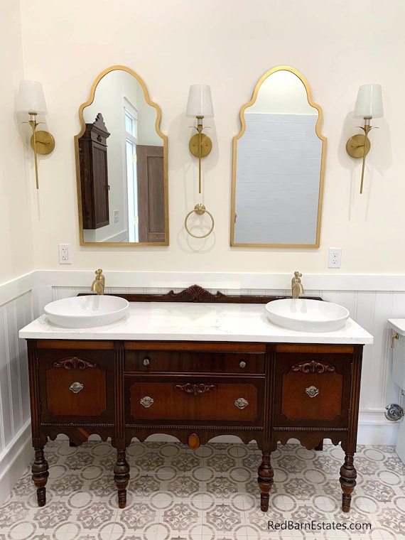 Antique Wood Bathroom Vanity: Custom Farmhouse Buffet Conversion 60 Inches