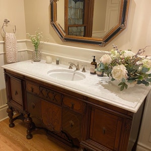 BATHROOM VANITY ANTIQUE We Find & Convert from Antique Furniture Wood Finish Renovation Remodeling 61 to 66 wide image 2