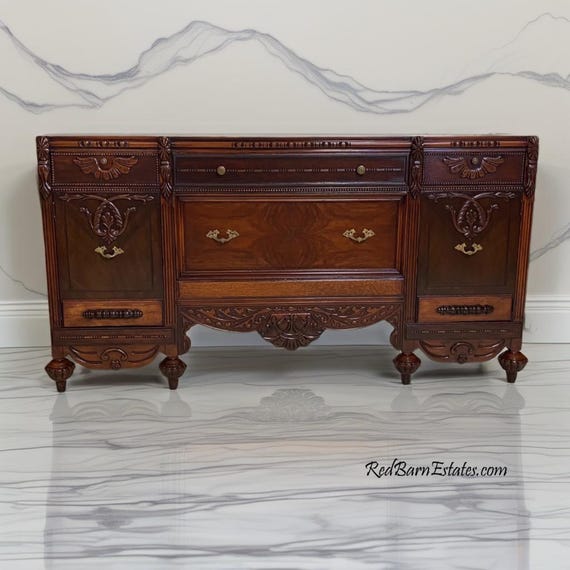 69 Inch Antique Victorian Bathroom Vanity Double Sink | 1900s Upcycled Sideboard 2-Tone Wood Luxe Master Bath