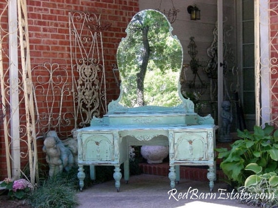 VANITY Custom Order An Antique Dresser Shabby Chic Painted Distressed Bedroom Furniture Mirrored Dressing Table BREATHTAKING!