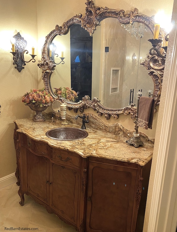 Antique Wood Bathroom Vanity: Custom French Bespoke Buffet Conversion 72 Inches