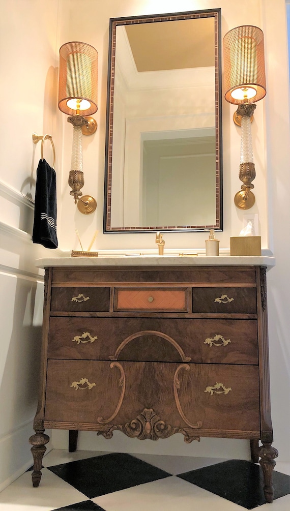 Antique Dresser Vanity: Upcycled Wood Bathroom Sink Cabinet (25-36" Wide)