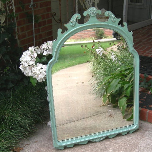 Antique AQUA MIRROR Shabby Chic Age Spots - Vintage 1920's