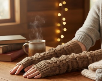 Knitted Arm Warmers Fingerless Gloves, Cable Knit Wrist Warmers, Cozy Winter Hand Warmers, Fashion Cold Weather Gift