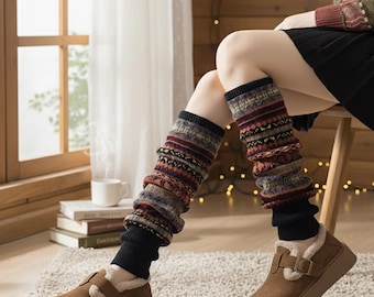 Women's Colorful Striped Legwarmers - Knitted Wool Leg Warmers - 100% Wool Boot Cuffs - Cozy Unlined Gaiters - Warm Boot Toppers