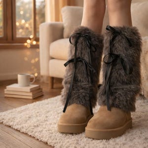 Scaldamuscoli da donna Fuzzy, morbidi e soffici, caldi, protezione dal freddo, per stivali, caldi, stivali da donna, polsini invernali, topper, gamba, 2 calzini in peluche a maglia, Nero , Taglia