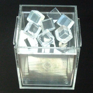 Mid Century Modern Lucite Cube Shape Ice Bucket w/ Inner Insulating Lining; Vintage Lidded Box w/ Rocks on Top! Made in Vermont