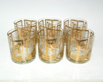 Set 6 Culver Asian Themed Old Fashioned Cocktail Glasses On the Rocks Tumblers; Vintage 22K Gold Leaf & Textured Chinoiserie