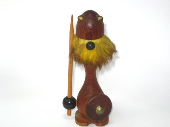 A genuine mid-century Sallingboe Denmark teak Viking figurine — a real vintage find with provenance, the kind of quirky sculptural desk object you stumble on once and never forget.
