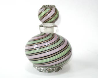Stunning Dino Martens Aureliano Toso Mezza Filigrana w/ Gold Aventurine Swirl Perfume Bottle & Stopper; Vintage 1950s Murano Art Glass