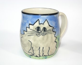 Karen Donleavy Signed KD Hand Thrown Painted White Persian CAT  Mug - Vintage Collectible Studio Art Pottery