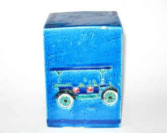 RARE Aldo Londi Bitossi Italy BLU Blue Rosenthal Netter Label Bookend w/ Incised Antique Car - Art Pottery Block