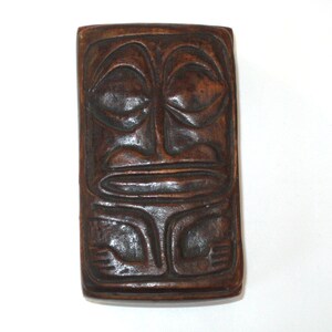 Handmade in Tahiti Tiki Covered Pottery Box w/ Carved Totemic Figure on Lid; Vintage Artist Signed & Dated 2002