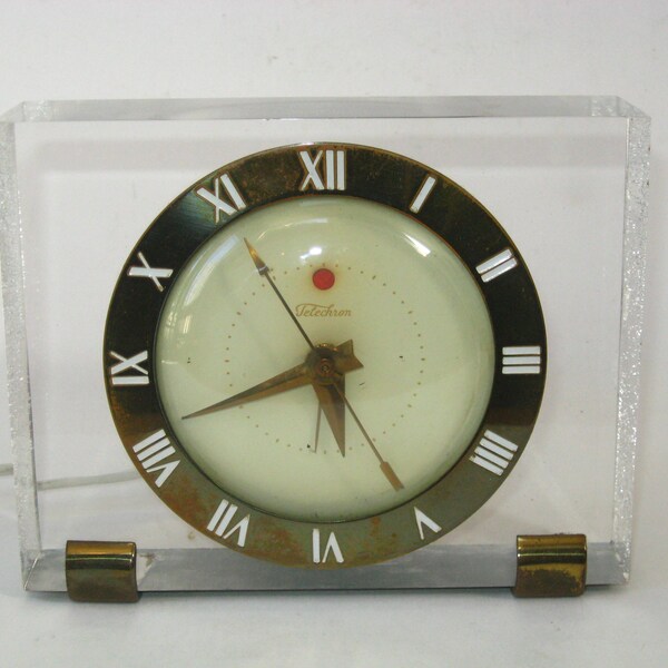 TELECHRON Floating Lucite Clock #7H141 - Working Art Deco Electric Table Mantle Alarm Clock