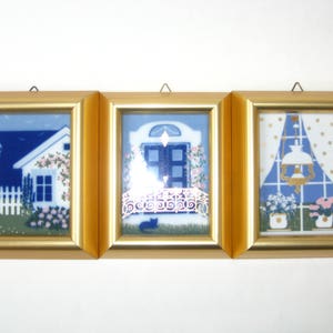 Set 3 Vintage Porsgrund Handverks Studio Norway Framed Art Pottery Tiles Wall Plaques Cottage Scenes Signed Anne Marie Oedegaard