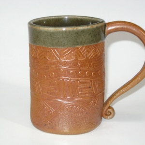 Rare Ronald H Green Hand Made Stoneware Mug w/ Totemic Design England; Vintage Artist Signed MCM Art Pottery