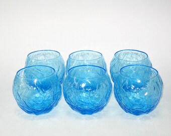Set 6 Seneca Glass DRIFTWOOD CASUAL Peacock Blue 12 oz Roly Poly Tumblers; Vintage Bar Hi-Ball Glasses