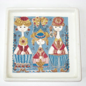 Stavangerflint TOURIST Square Decorative Dish Inger Waage Design Norway; Vintage MCM Whimsical Folklife Tray
