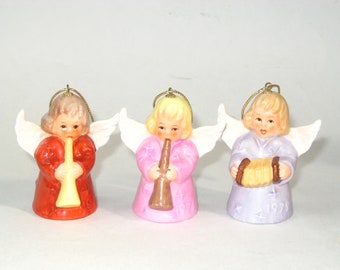 Set 3 Hummel Goebel Angel Bell Annual Ornaments 1976 Pink + Red w/ Trumpets & 1979 Lavender Accordion; Vintage W Germany MINT