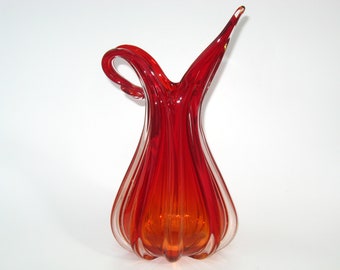 Stunning Flavio Poli for Seguso Vetri D'Arte Murano Amberina Heavy 12.5" Ribbed Pitcher Vase; Vintage MCM Sommerso Red Italian Art Glass