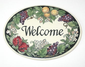 Santa Barbara Ceramic Design WELCOME Sign Wall Hanging Tile Plaque w/ Fruits & Flowers 1988