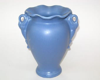 Camark Pottery 7.75" Matte Blue Swan Handled Vase #545; Mid Century Retro Ruffled Rm