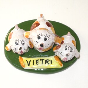 Adorable MCM VIETRI Signed Italian Pottery Spotted Puppy Dog Figural Group; 3 Vintage Hand Painted Maiolica Jack Russel Terriers or Beagles