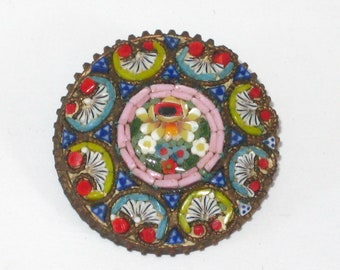 Very Fine Antique Micro Mosaic Glass Floral Brooch; Grand Tour Round Ladies Pin 19th Century Italy Beaded Brass Frame
