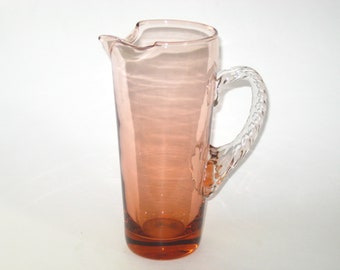 Mid Century Cherry Pink Martini Mixer Cocktail Pitcher Blown Glass w/ Ice Lip & Applied Rope Handle