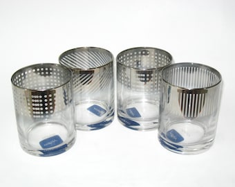 NOS Mikasa 'CHEERS Metallic Ombre' DOF Tumbler Set 4; Post Modern Double Old Fashioned Bar Glasses w/ Stickers