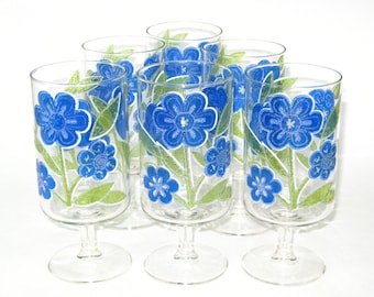 RARE Culver Set 6 Wine Glasses /Highball Footed Tumblers w/ Raised Enamel Blue Green Flowers; Mid Century Modern Mad Men Barware