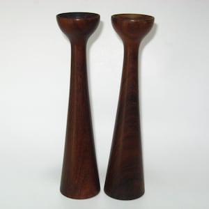 Rosewood H&F Denmark 10&quot; Tall Turned Wood Candlesticks; Vintage Mid Century Danish Modern Taper Candle Holders w/ Brass Fittings