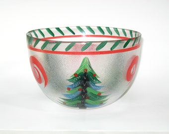 Kosta Boda Ulrica Hydman Vallien 8+" Christmas Tree Large Serving Bowl Artist Collection; Signed Swedish Handpainted Glass