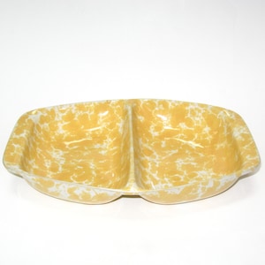 May include: A rectangular divided serving dish featuring a yellow and white marbled splatter pattern. The dish has two separate compartments and integrated handles on each side, with a smooth, glossy finish throughout the entire surface.