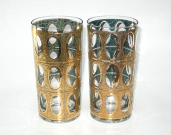2 Culver PISA / PIZA 22K Gold 5.5" Highball Iced Tea Glasses Drink Tumblers; Vintage Mad Men Bar