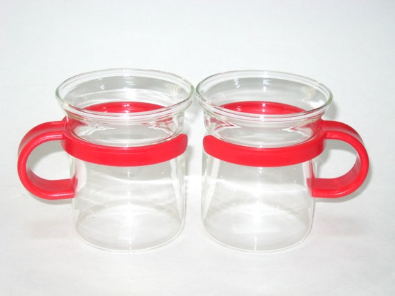 VINTAGE 2 BODUM Red Plastic Handle Glass Mugs Cups for Coffee Tea