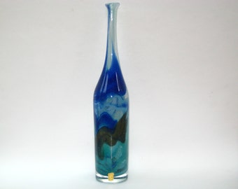 Bengt Orup Johansfors 15" Tall SPONTANA Bottle Vase Signed w/ Foil Label; MCM Mouthblown Art Glass Made in Sweden