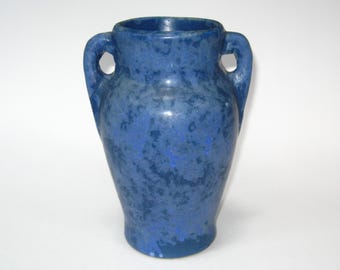 Brush McCoy Pottery 8+" Mottled Blue Vellum Double Handled Vase; Retro 1920s Art Deco Baluster Shaped
