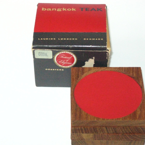 Laurids Lonborg Design "Bangkok Teak" Wood Coasters in Original Box Set 4 Denmark; Geometric Red & Yellow Centers; Vintage 1960s