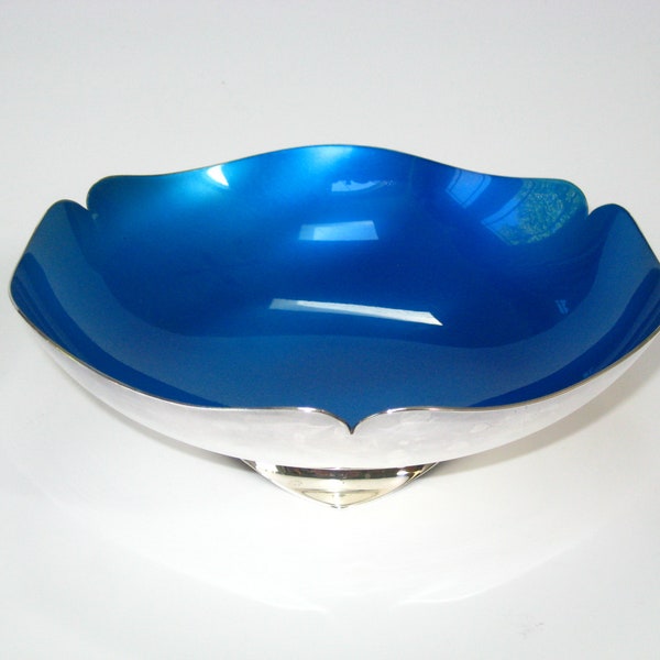 Carl F Christiansen Denmark Signed Blue Enamel on Silverplate Mid Century Modern Footed Bowl Dish