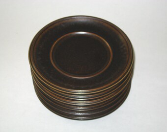 Set 6 Arabia Finland RUSKA 6-3/8" Saucers Only for Flat Cups aka Bread Plates Ulla Procope Design, Vintage MCM Dark Brown Stoneware