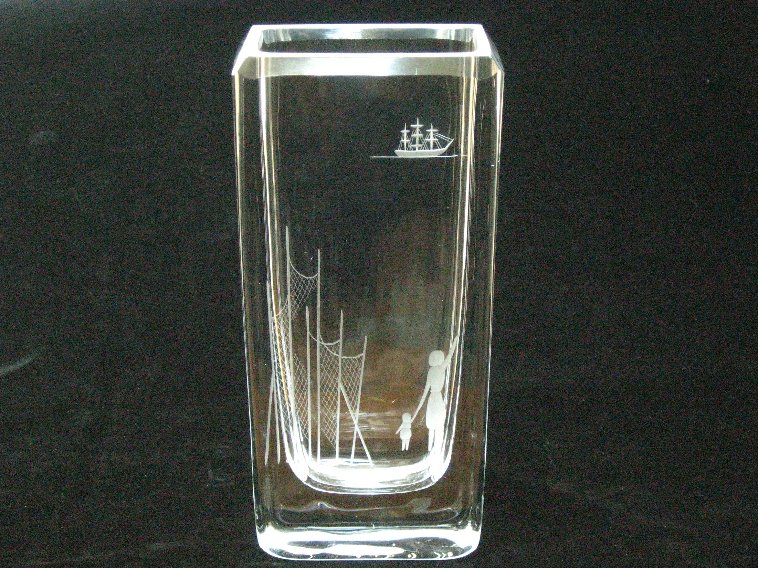 Bengt Edenfalk Skruf THE FAREWELL 7.5" Rectangular Crystal Vase Engraved w/Family & Ship EUC- Signed Numbered Wheel Carved Swedish Art Glass