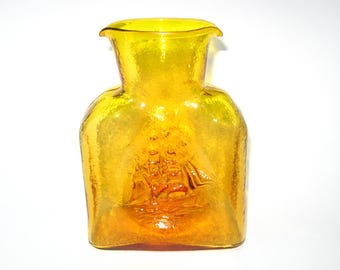 Kanawha Amber Glass Double Spout Water Bottle Pitcher Carafe w/ Clipper Ship; Vintage Mid-Century Modern Blenko Style