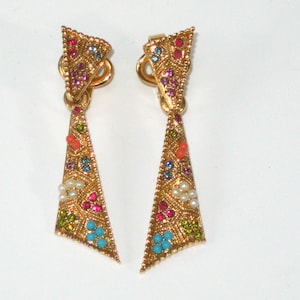 Vintage D&#39;ORLAN Drop Clip-On Earrings Buried Treasure Collection- 22K Gold Plated w/ Swarovski Crystal Rhinestones Multi-Color &#39;Jewels&#39;