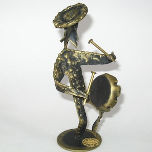 MCM Brutalist Metal Art Jewish Musician Drummer Brass Sculpture; Vintage Judaica Marked Israel Artist Signed