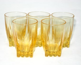 MCM Set of 5 Yellow Gold, Square Ribbed Bottom Small Cordials Whiskey Shot Glasses Vintage Mad Men Barware