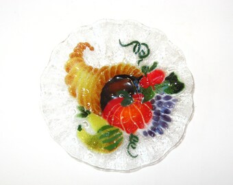 Sydenstricker CORNUCOPIA Fused Art Glass Ruffled 5.5" Bowl Horn of Plenty Candy Dish; Vintage Thanksgiving Autumn Decor
