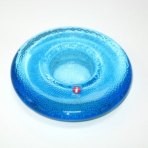 Iittala Finland NAPPI Button Blue Glass Tealight Candle Holder Markku Salo Design w/ Original I Label -MINT