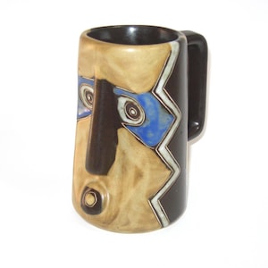 Mara Mexico Signed Stoneware Jumbo Mug AFRICAN MASK Beer Stein w/ Label; Vintage Mexican Art Pottery