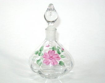 Orrefors WILD ROSE Perfume Bottle & Stopper Eva Englund - Hand Painted Flowers -Signed Swedish Crystal